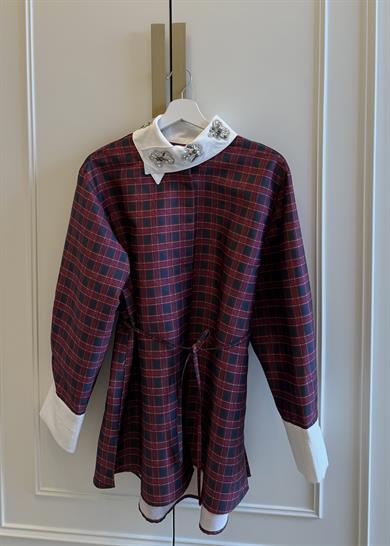 Yakası Taşlı İpekyl Ekose Gömlek Bordo