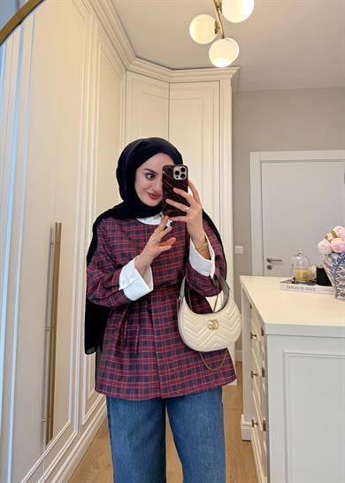 Yakası Taşlı İpekyl Ekose Gömlek Bordo