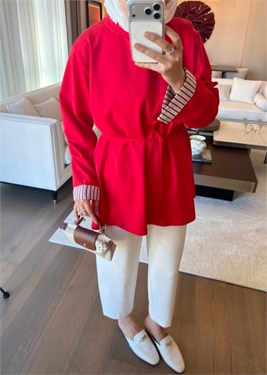 Yakası ve Kolları Gömlek Detaylı Bağlamalı Sweat Kırmızı