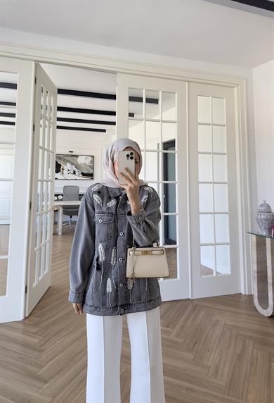 Yaprak Desenli Denim Ceket Antrasit