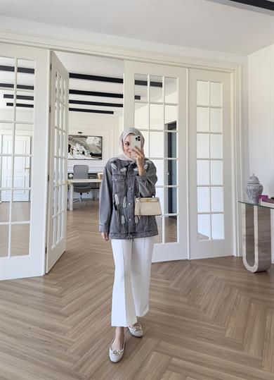 Yaprak Desenli Denim Ceket Antrasit