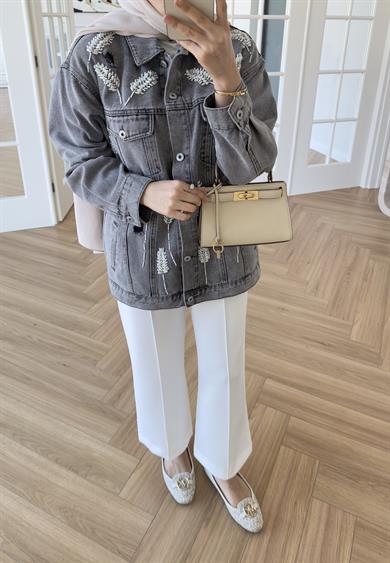 Yaprak Desenli Denim Ceket Antrasit