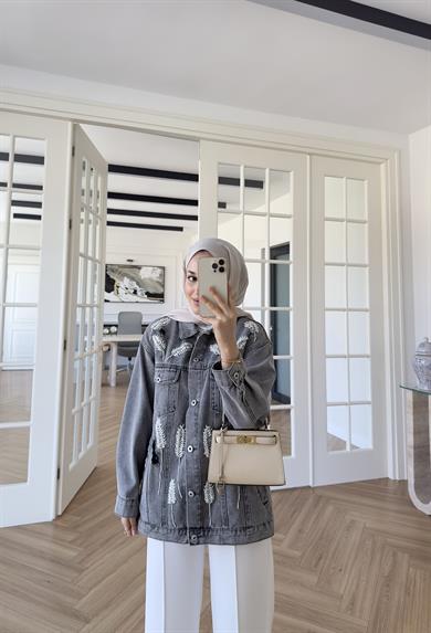 Yaprak Desenli Denim Ceket Antrasit