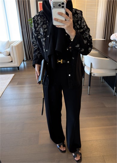 Yaprak Nakış İşlemeli Denim Ceket Siyah