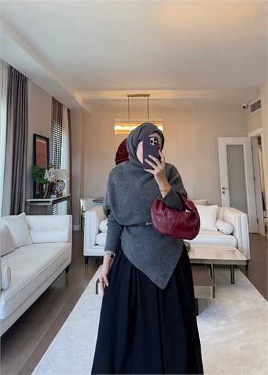 Yarasa Kol Asimetrik Triko Kazak Antrasit