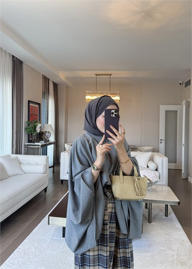 Yarım Fermuarlı Oversize Yarasa Bluz Gri