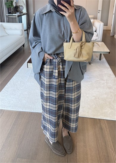 Yarım Fermuarlı Oversize Yarasa Bluz Gri