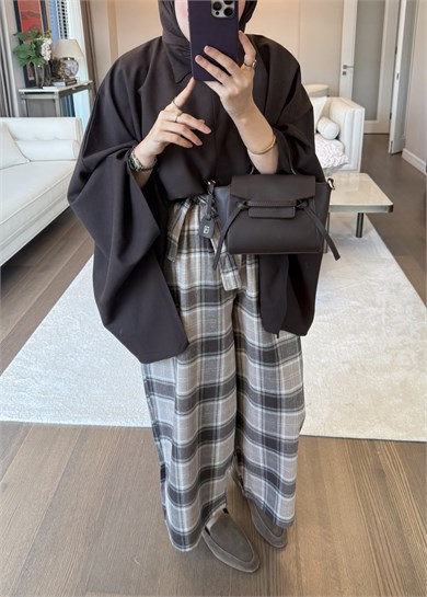 Yarım Fermuarlı Oversize Yarasa Bluz Kahverengi