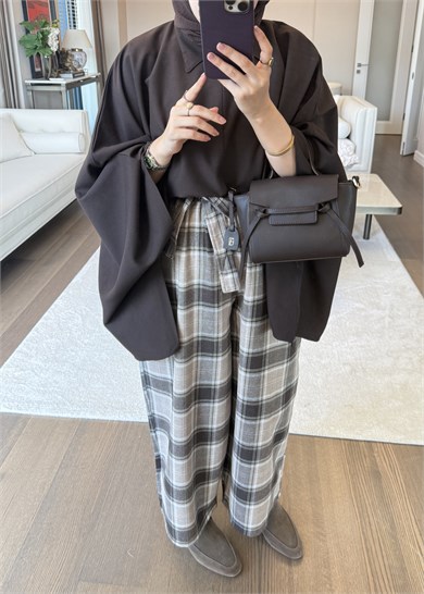 Yarım Fermuarlı Oversize Yarasa Bluz Kahverengi