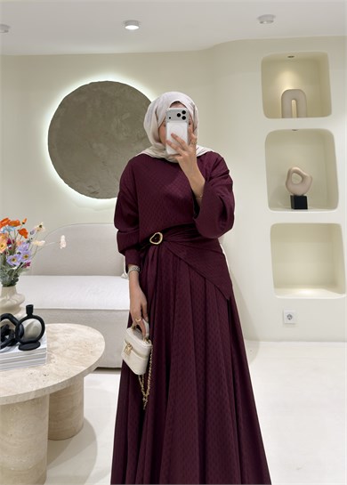 Yoryo Şifon Puantiye Etekli Takım  Burgundy