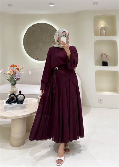 Yoryo Şifon Puantiye Etekli Takım  Burgundy
