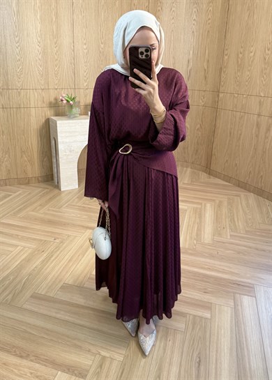 Yoryo Şifon Puantiye Etekli Takım  Burgundy