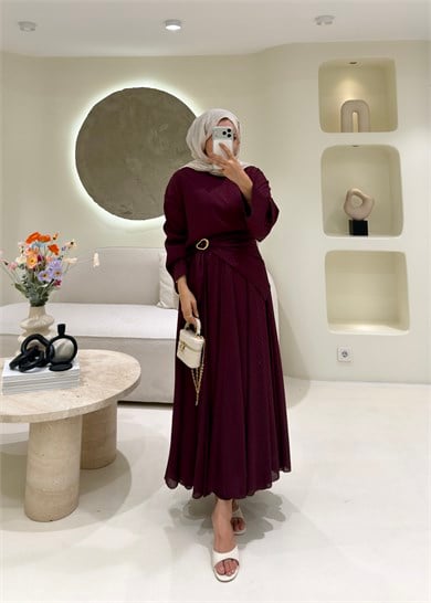 Yoryo Şifon Puantiye Etekli Takım  Burgundy