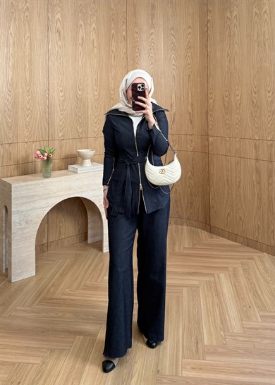 Zana Fermuarlı Denim Takım Lacivert