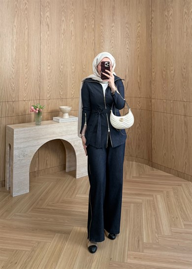 Zana Fermuarlı Denim Takım Lacivert