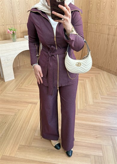 Zana Fermuarlı Denim Takım Mürdüm