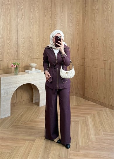 Zana Fermuarlı Denim Takım Mürdüm