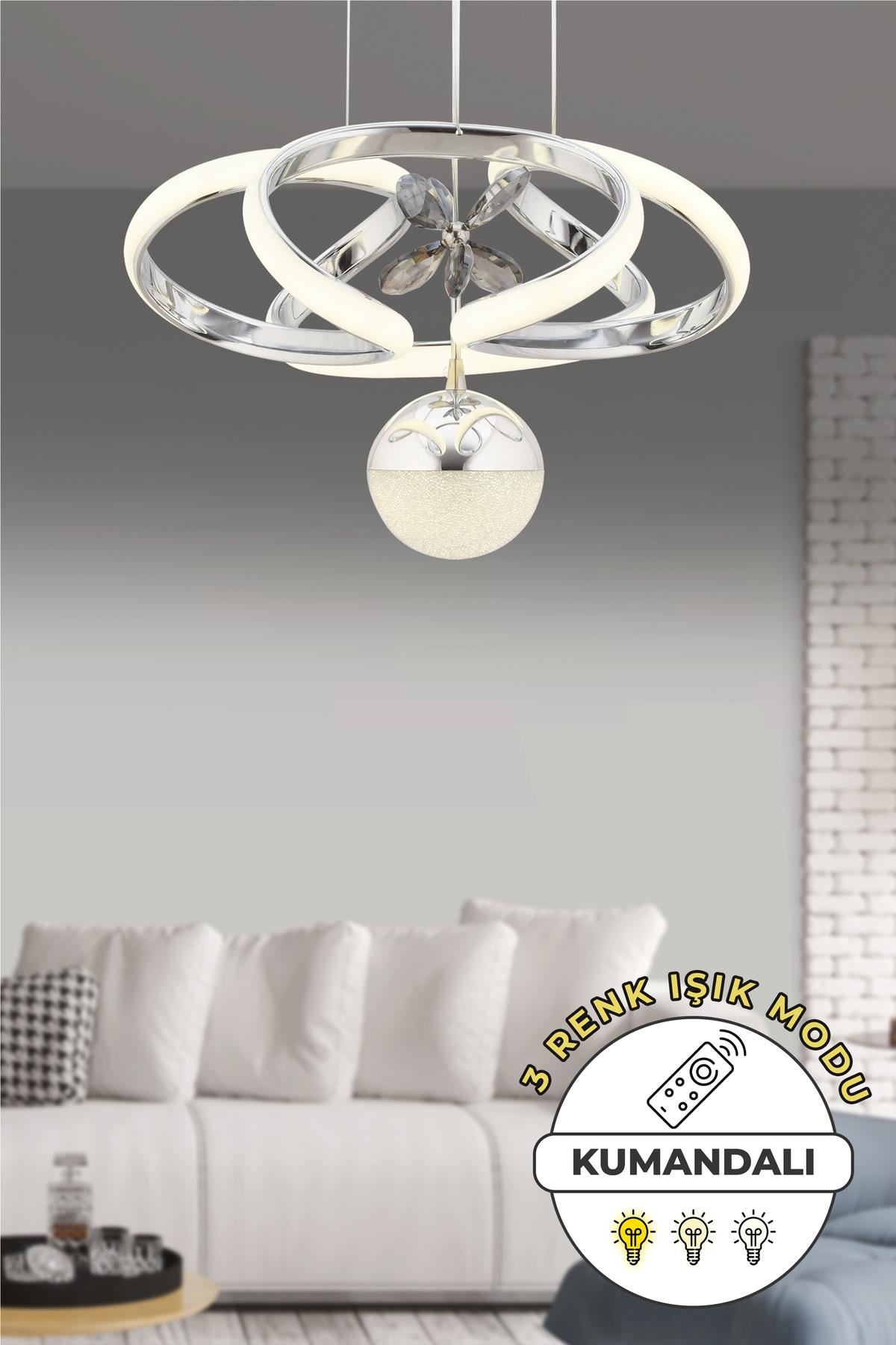 Alfa Kumandalı 3 Renk Işık Özellikli Modern Krom Kaplama Sarkıt Led Avize Salon Avize