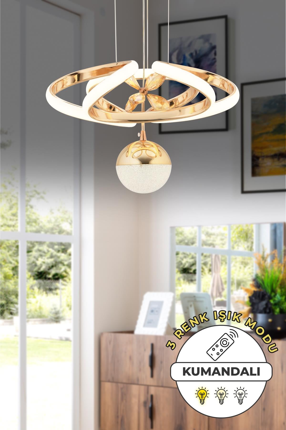 Alfa Kumandalı 3 Renk Işık Özellikli Modern Gold Kaplama Sarkıt Led Avize Salon Avize
