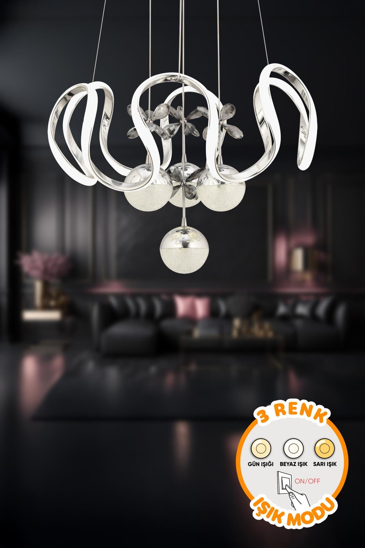Modern Riva Krom 3 Renk Işık Özellikli Power Led Kaplama Sarkıt Led Avize Salon Avize