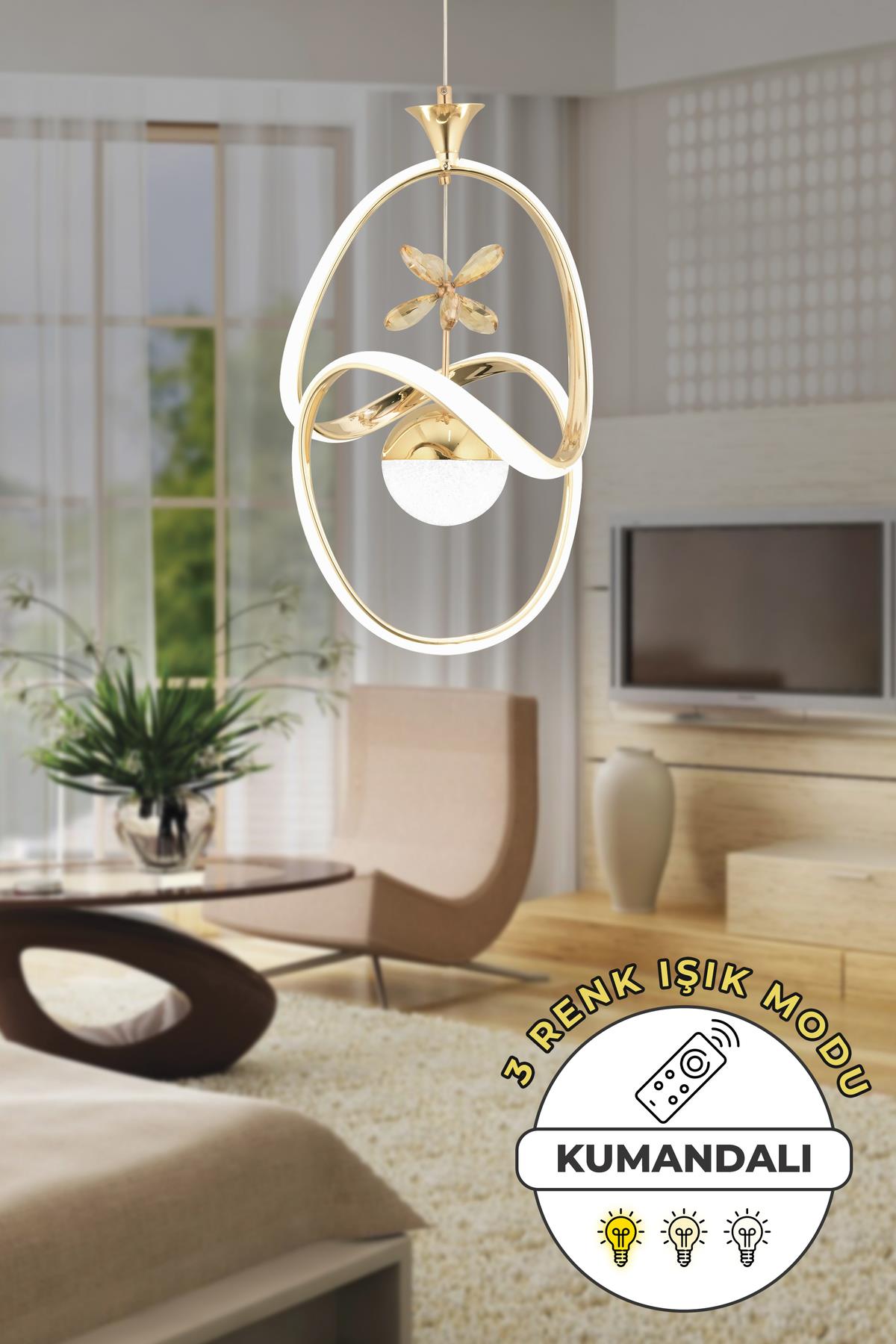 Stella Kumandalı 3 Renk Işık Özellikli Modern Gold Kaplama Sarkıt Led Avize Salon Avize