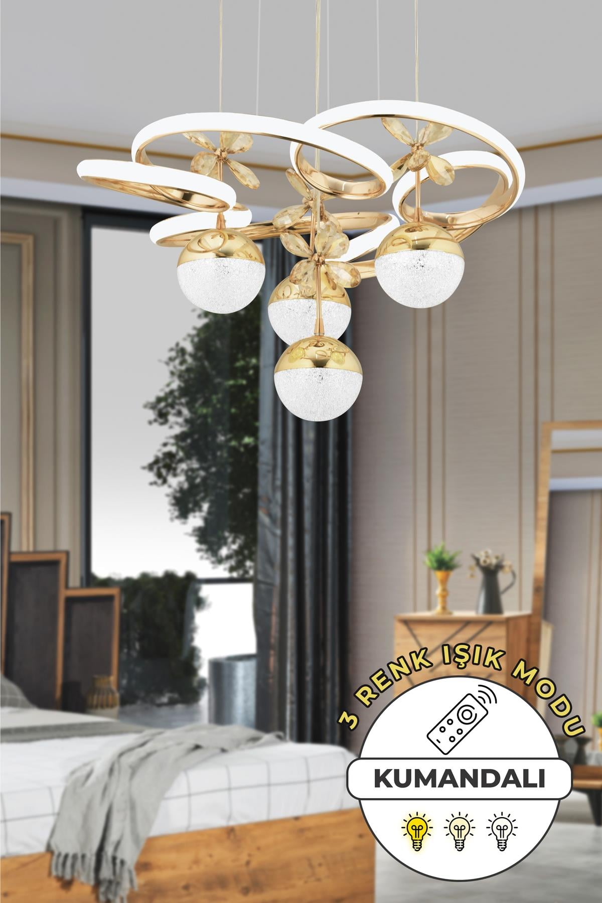 Armoni Kumandalı 3 Renk Işık Özellikli Modern Gold Kaplama Sarkıt Led Avize Salon Avize