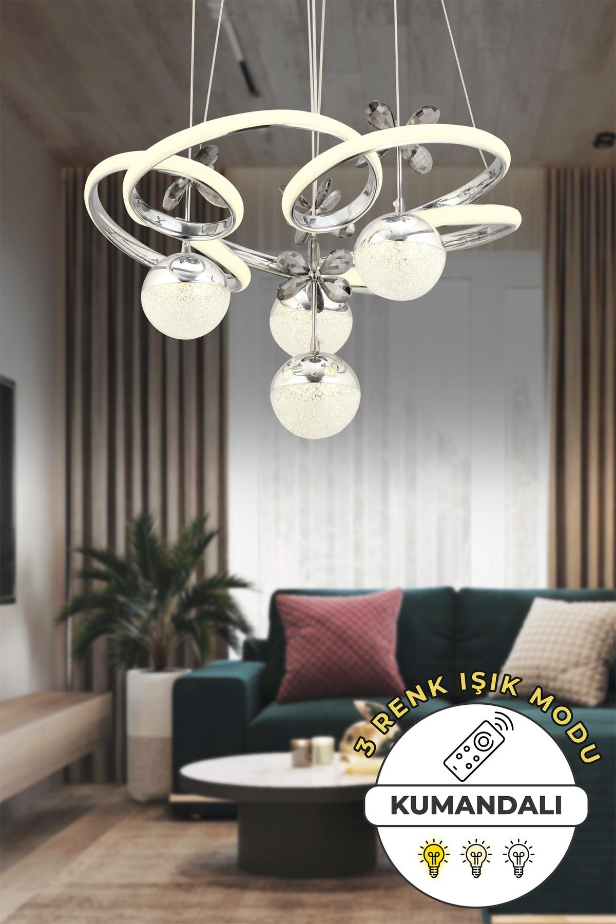 Armoni Kumandalı 3 Renk Işık Özellikli Modern Krom Kaplama Sarkıt Led Avize Salon Avize