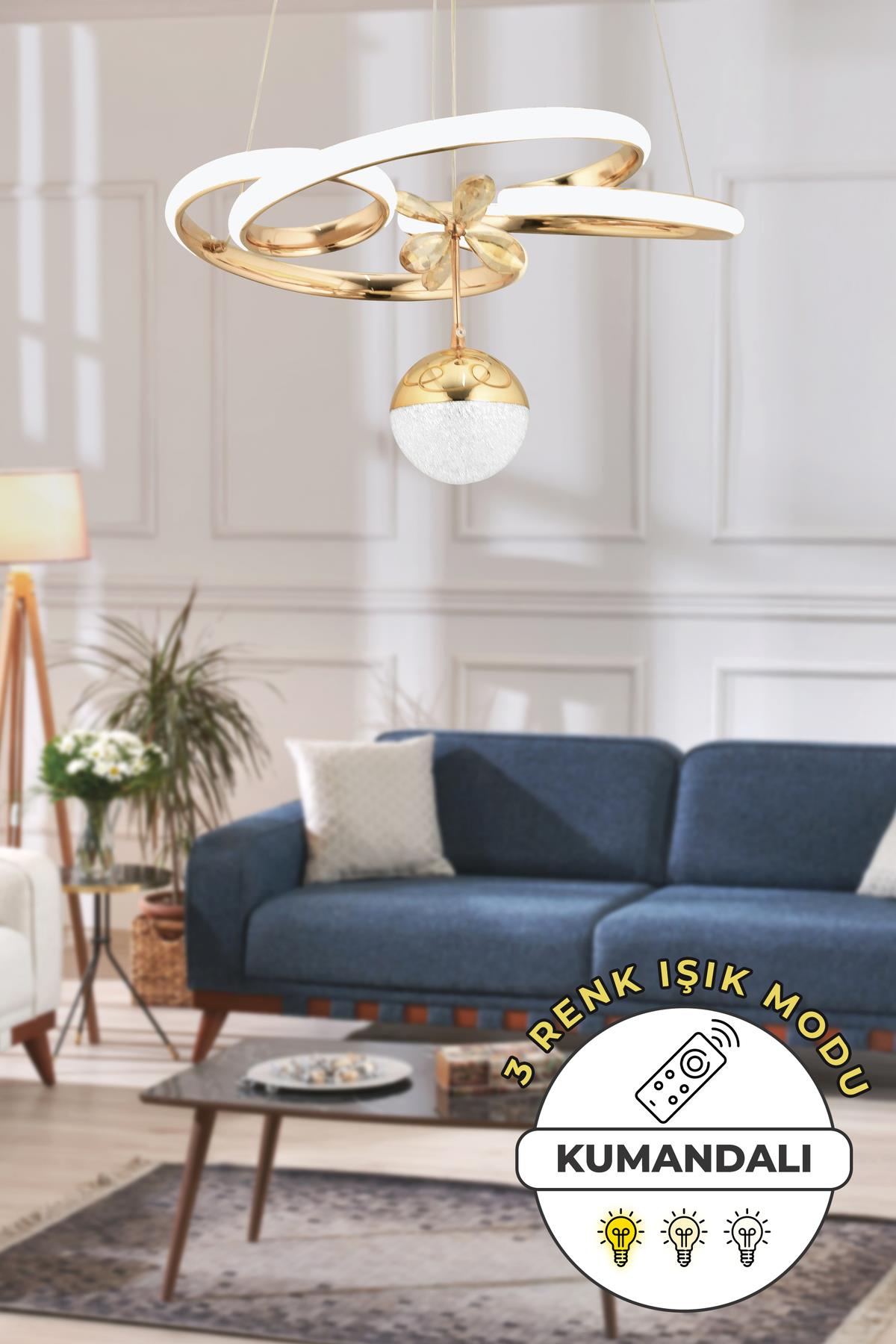 Dante Kumandalı 3 Renk Işık Özellikli Modern Gold Kaplama Sarkıt Led Avize Salon Avize