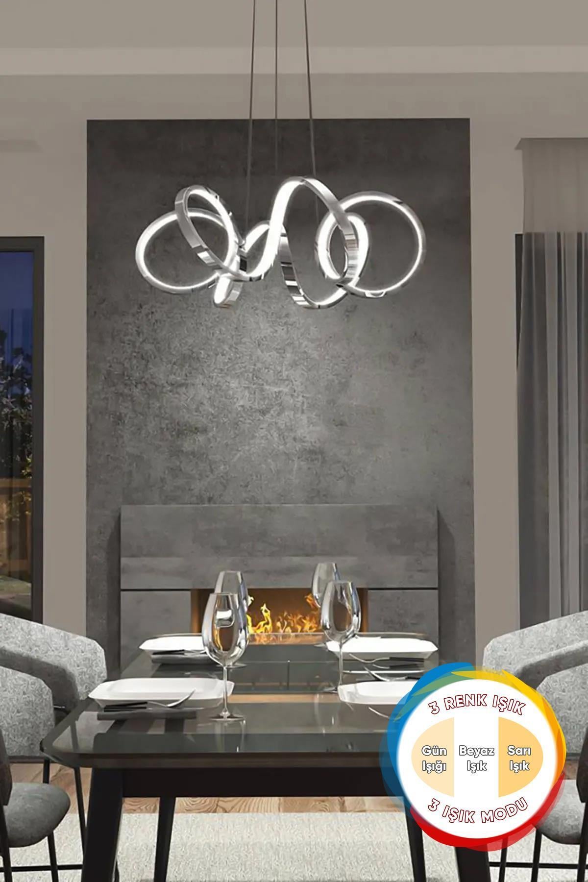 Dolares Krom Modern Sarkıt 3 Renk Işık Salon Mutfak Oda Hol Ledli Avize