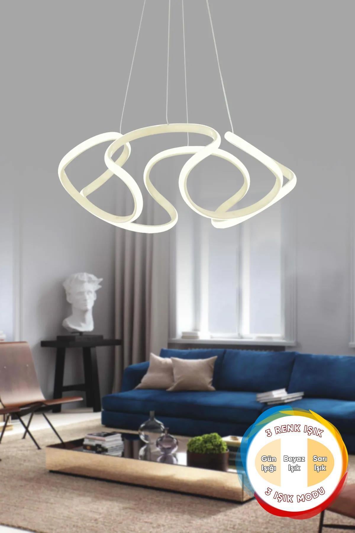 Honix Beyaz Modern Sarkıt 3 Renk Işık Salon Mutfak Oda Hol Ledli Avize