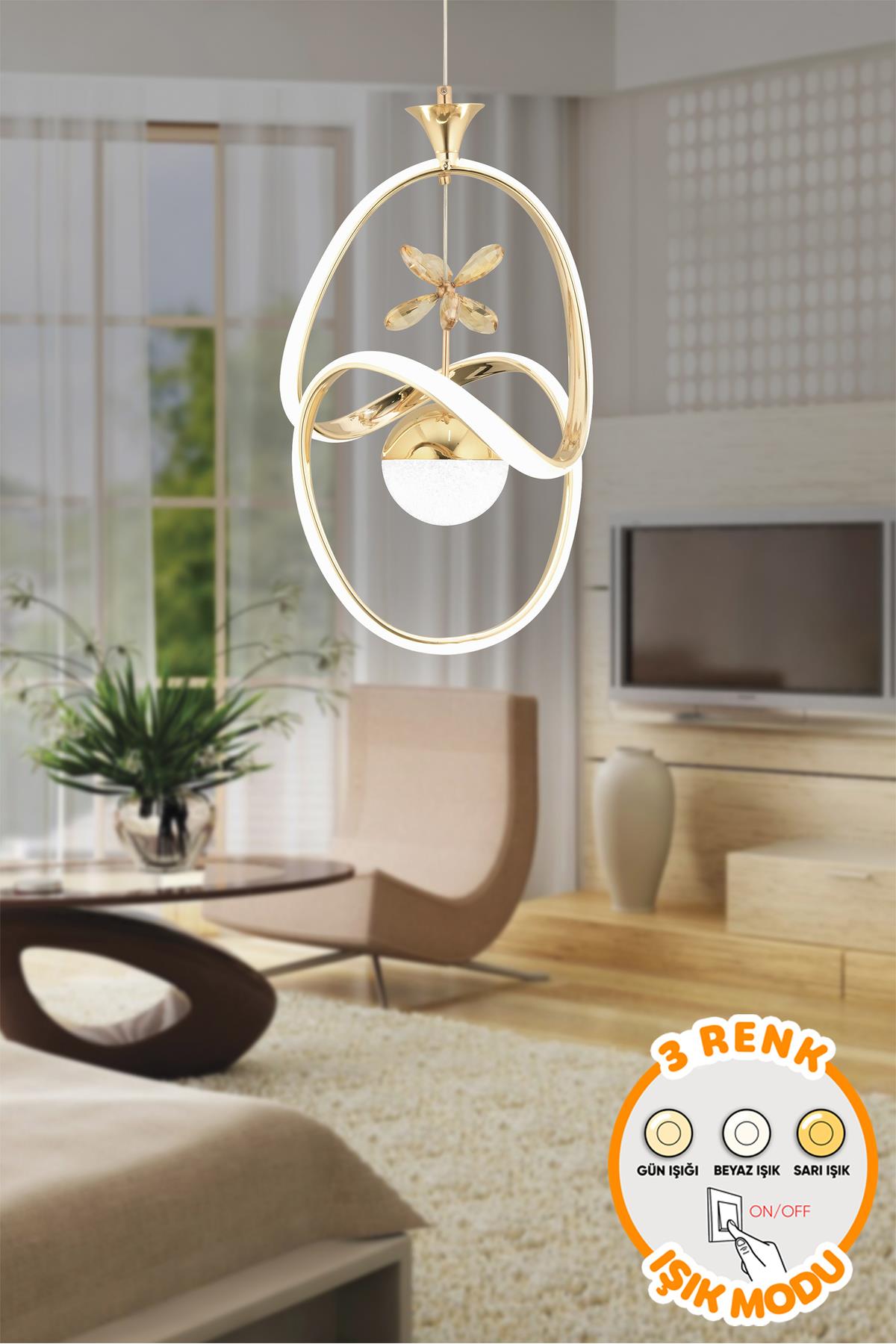 Joy 3 Renk Işık Özellikli Modern Gold Kaplama Sarkıt Led Avize Salon Avize