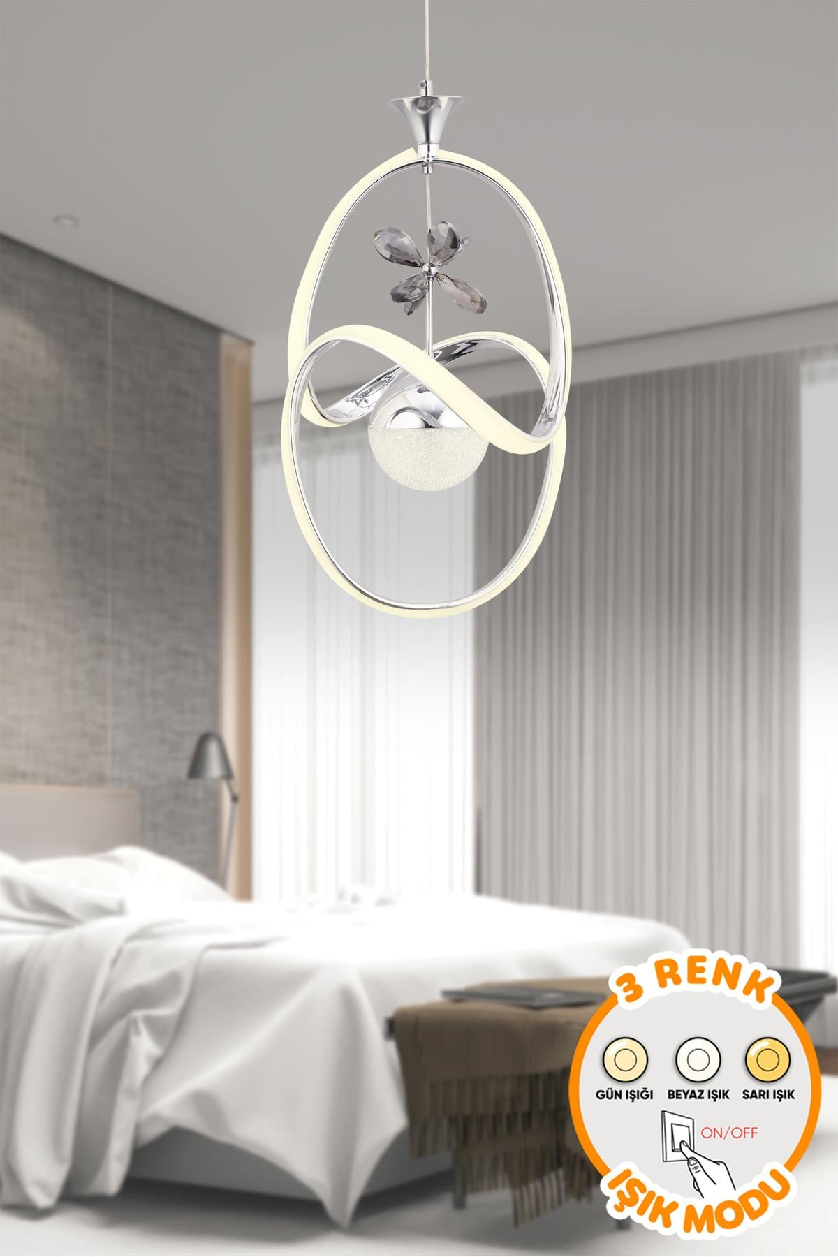 Joy 3 Renk Işık Özellikli Modern Krom Kaplama Sarkıt Led Avize Salon Avize