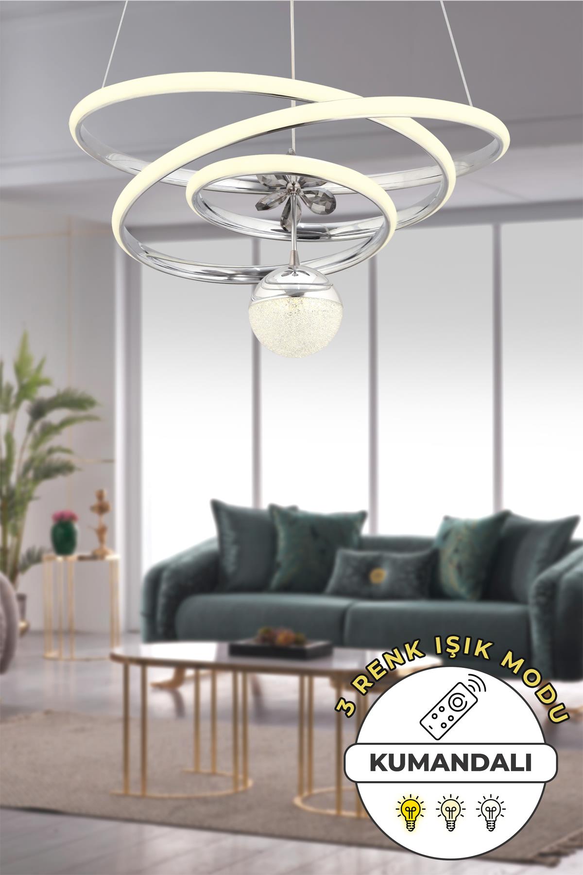 Lorenz Kumandalı 3 Renk Işık Özellikli Modern Krom Kaplama Sarkıt Led Avize Salon Avize