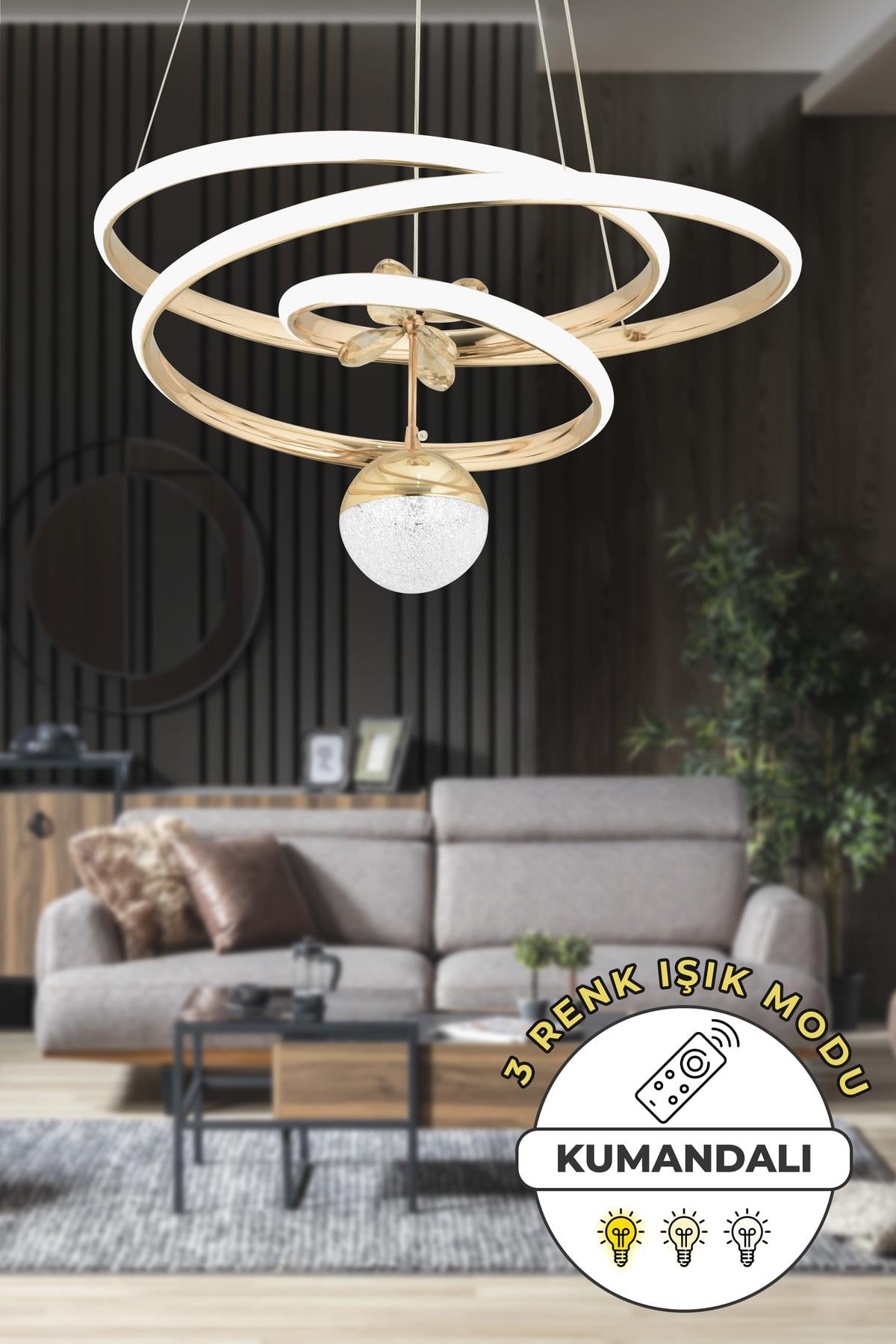 Lorenz Kumandalı 3 Renk Işık Özellikli Modern Krom Kaplama Sarkıt Led Avize Salon Avize
