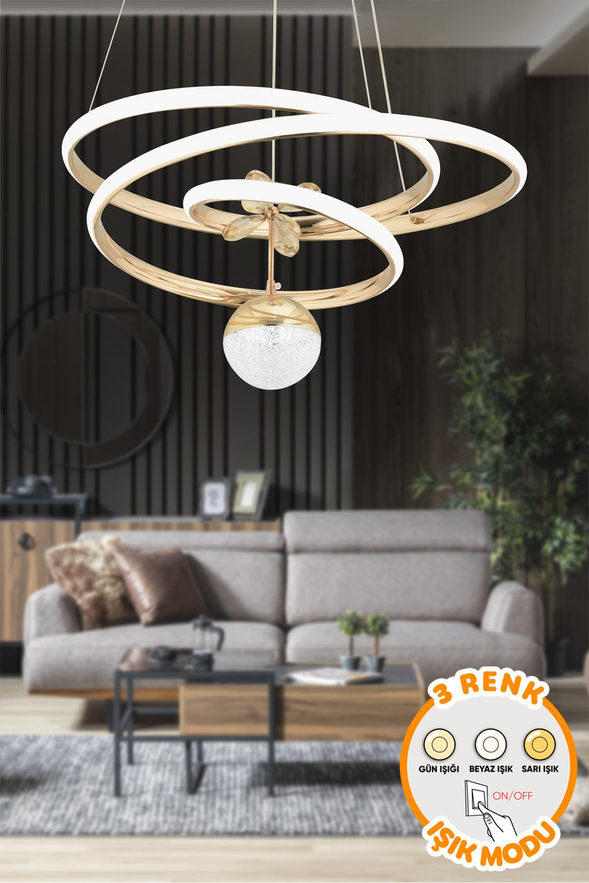 Mero 3 Renk Işık Özellikli Modern Gold Kaplama Sarkıt Led Avize Salon Avize