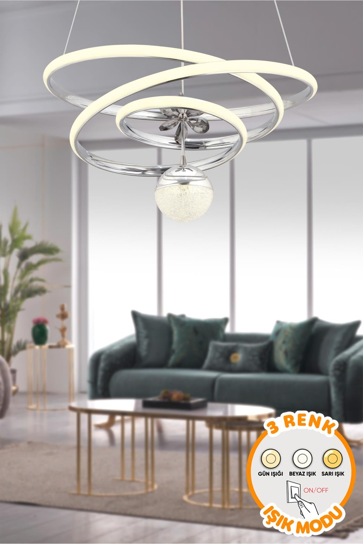 Mero 3 Renk Işık Özellikli Modern Krom Kaplama Sarkıt Led Avize Salon Avize