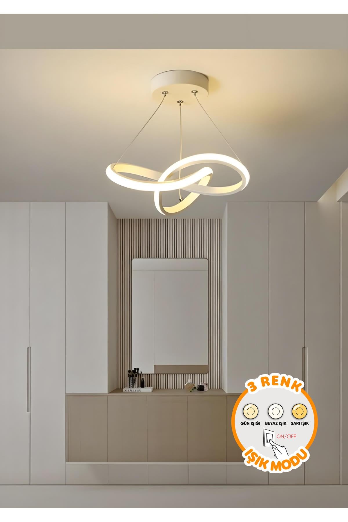 Modern Forte Beyaz Tekli 3 Renk Işıklı Power Ledli Salon Mutfak Oda Hol Ledli Avize