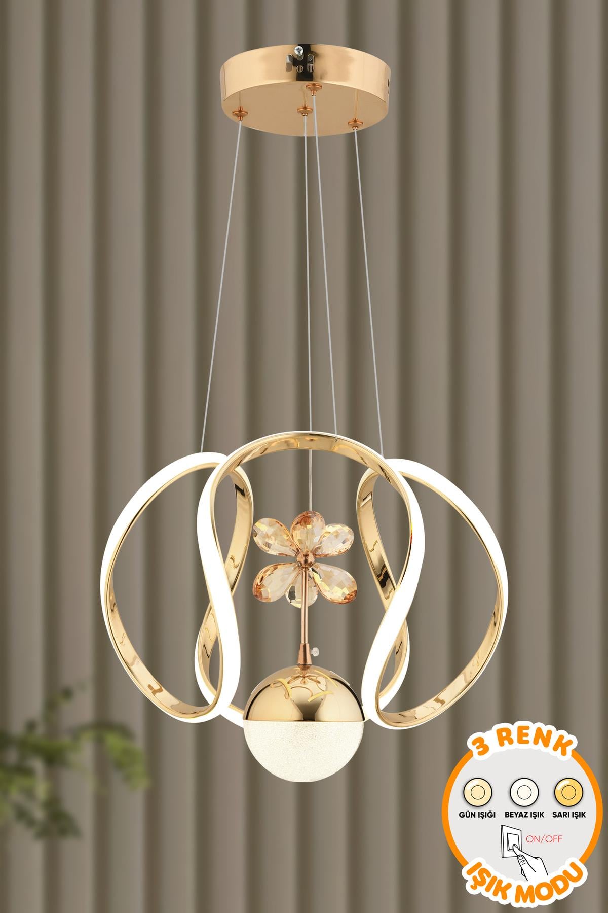 Modern Lina Gold Power Ledli Gold Kaplama 3 Renk Işıklı Salon Mutfak Oda Hol Ledli Avize