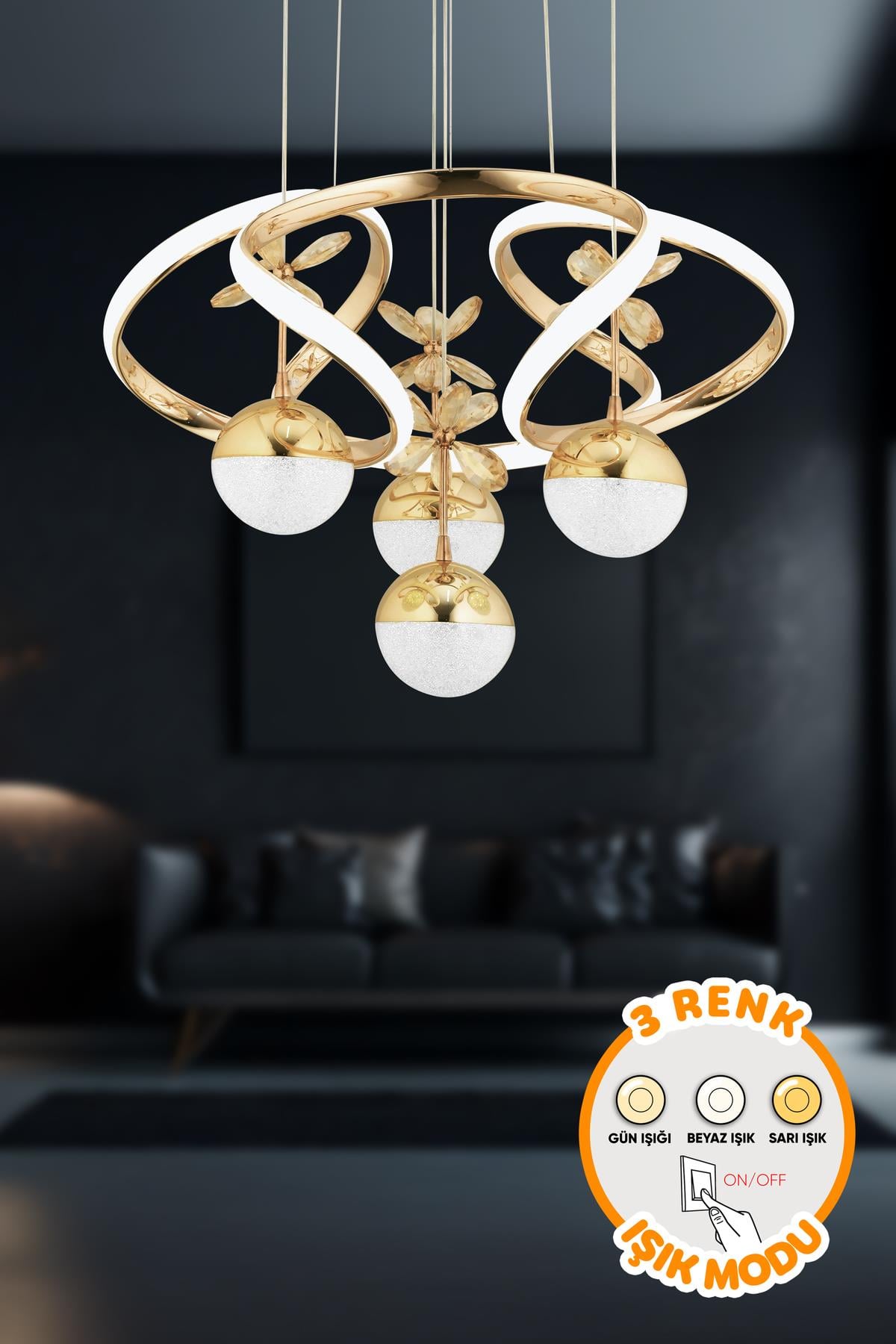 Modern Luvina Gold 3 Renk Işık Özellikli Power Led Kaplama Sarkıt Led Avize Salon Avize