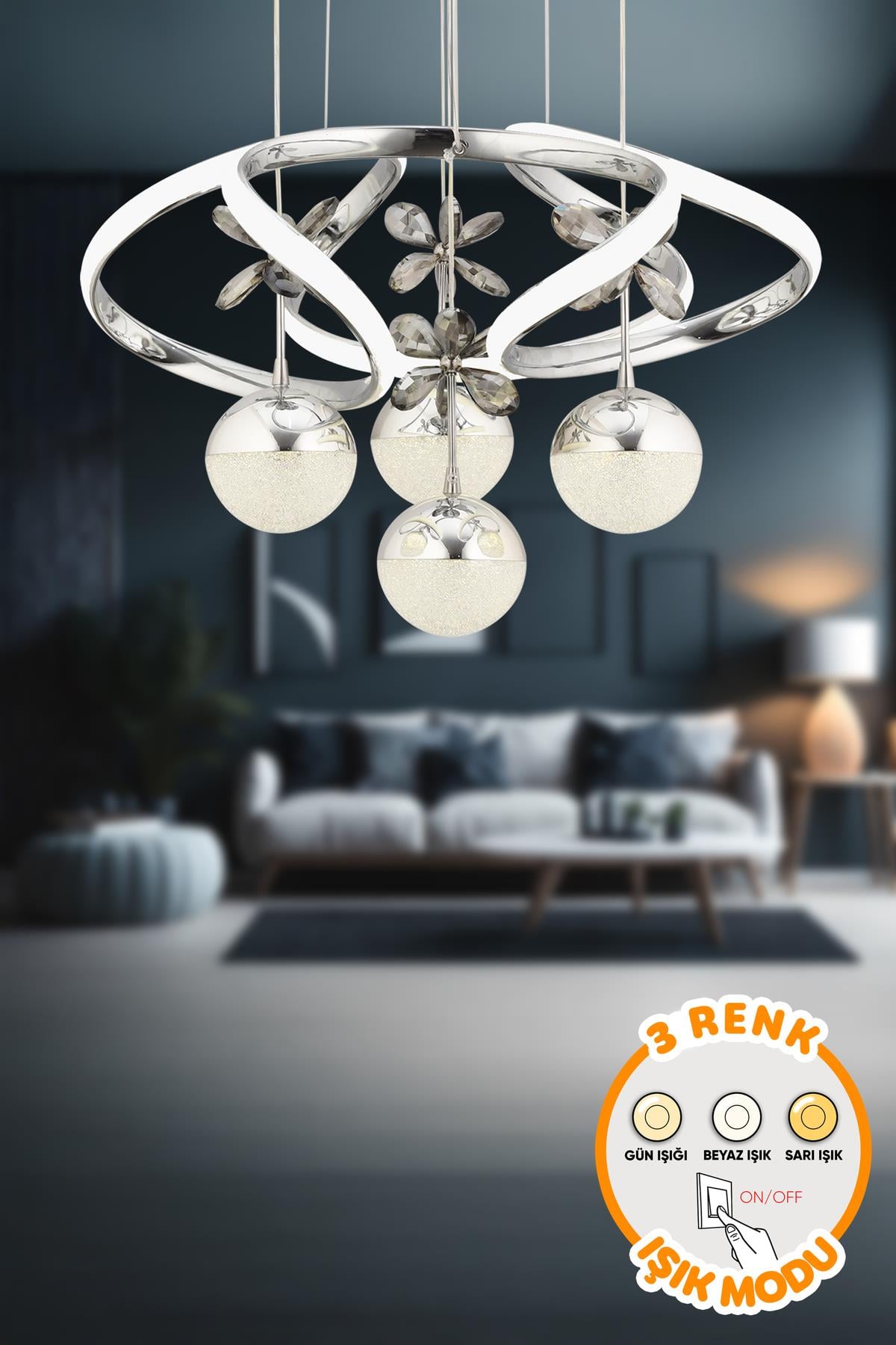 Modern Luvina Krom 3 Renk Işık Özellikli Power Led Kaplama Sarkıt Led Avize Salon Avize