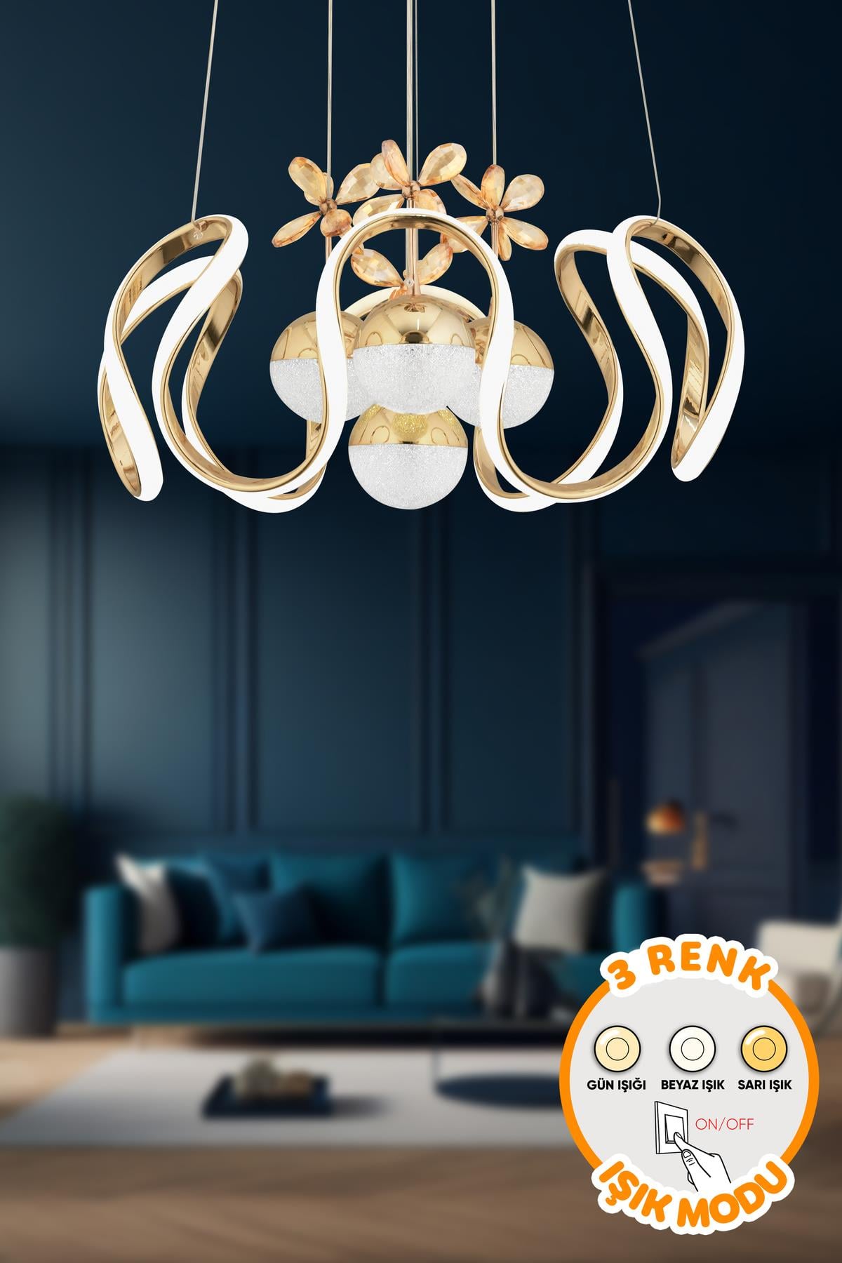 Modern Riva 3 Renk Işık Özellikli Power Led Gold Kaplama Sarkıt Led Avize Salon Avize