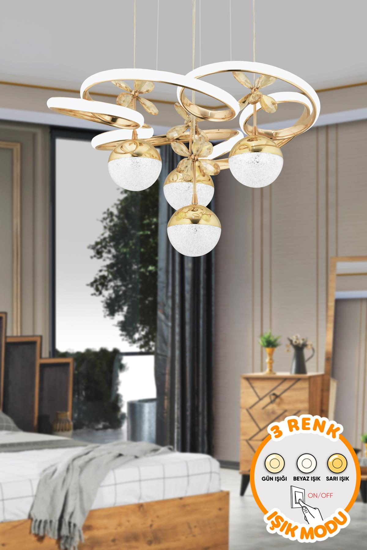 Nora 3 Renk Işık Özellikli Modern Gold Kaplama Sarkıt Led Avize Salon Avize