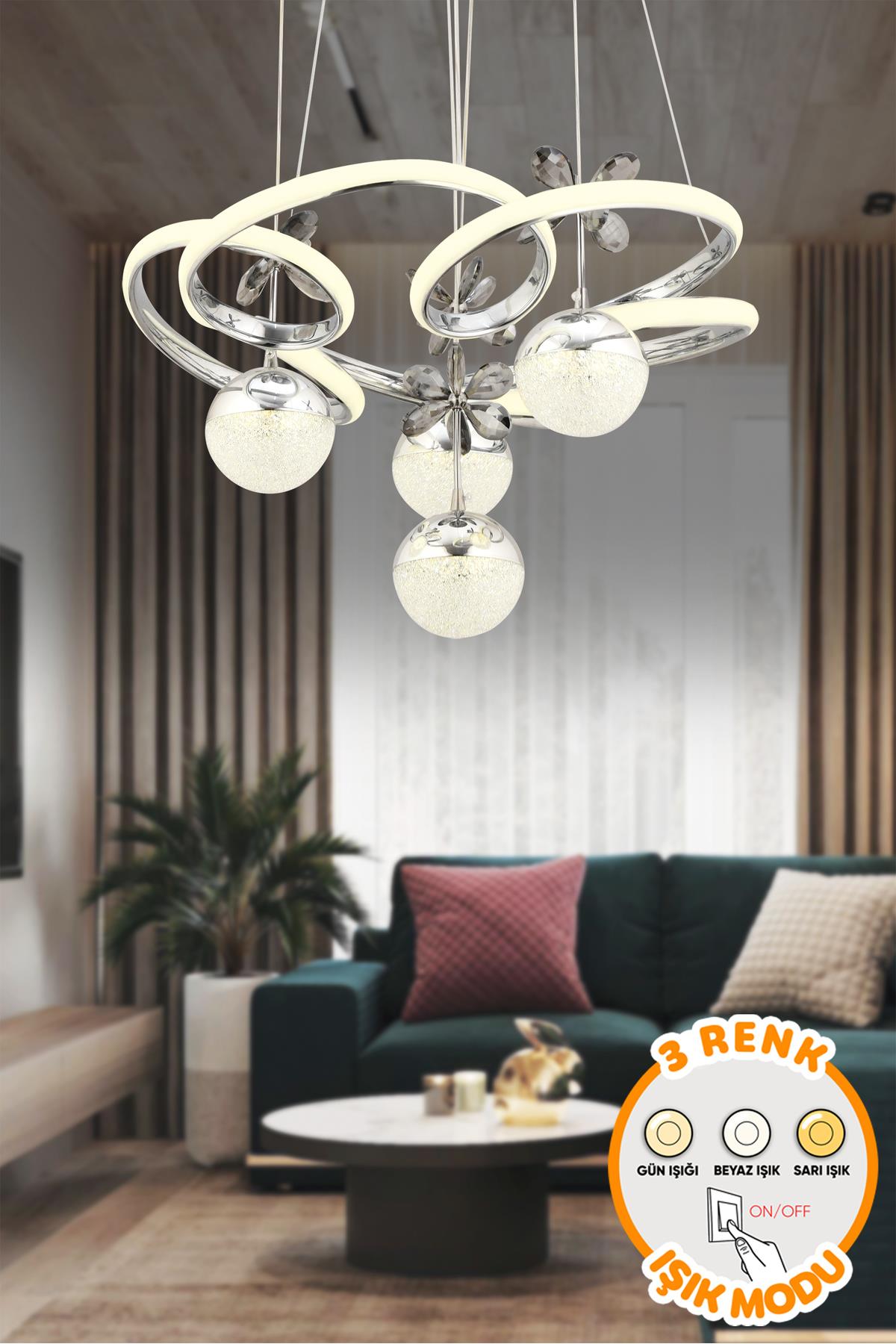 Nora 3 Renk Işık Özellikli Modern Gold Kaplama Sarkıt Led Avize Salon Avize