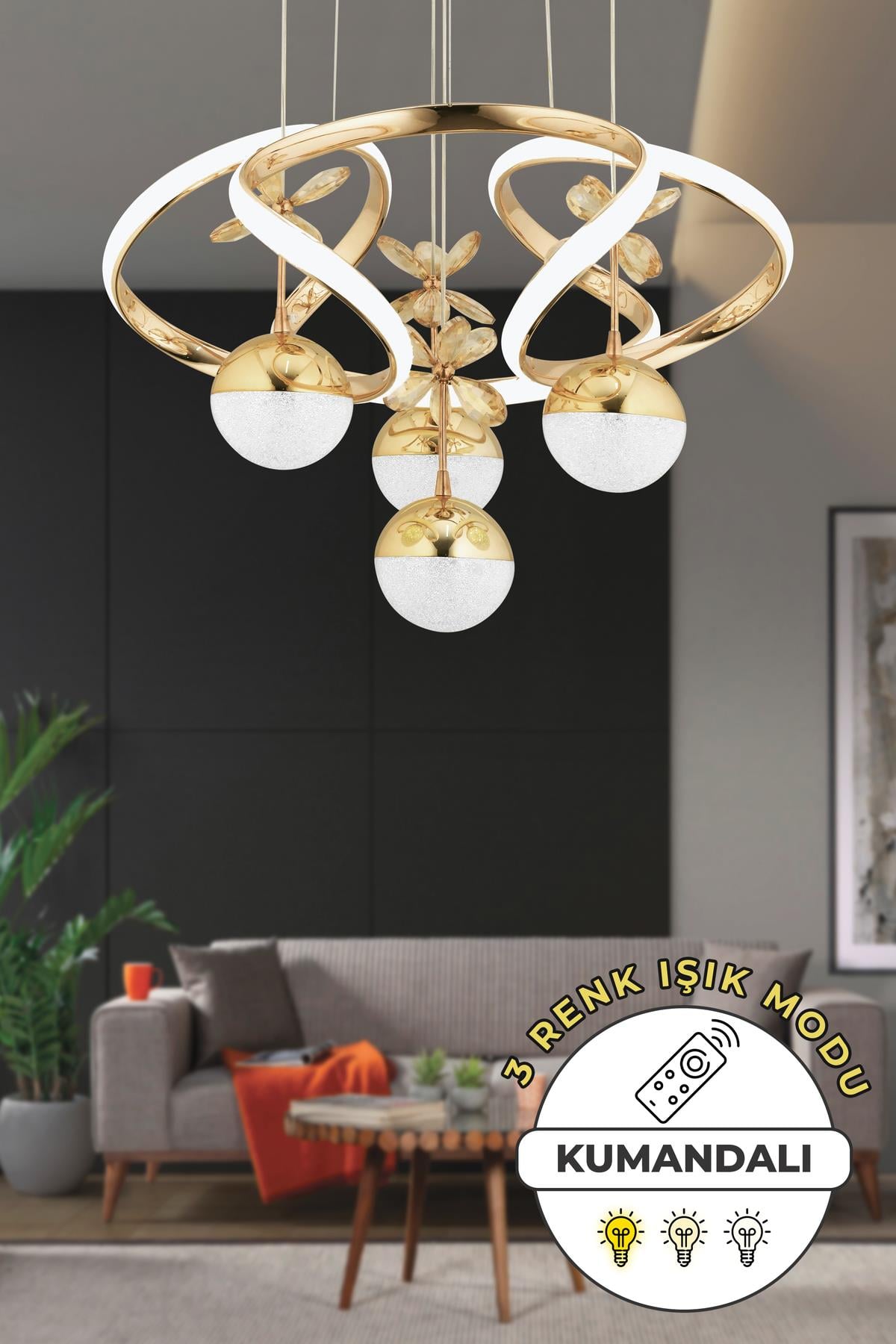 Octavia Kumandalı 3 Renk Işık Özellikli Dimmerli Modern Gold Kaplama Sarkıt Led Salon Mutfak Avize