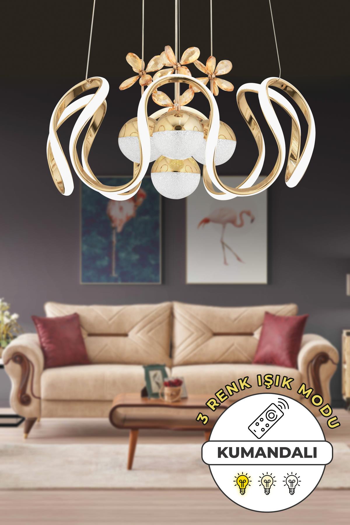 Oliver Kumandalı 3 Renk Işık Özellikli Modern Gold Kaplama Sarkıt Led Avize Salon Avize