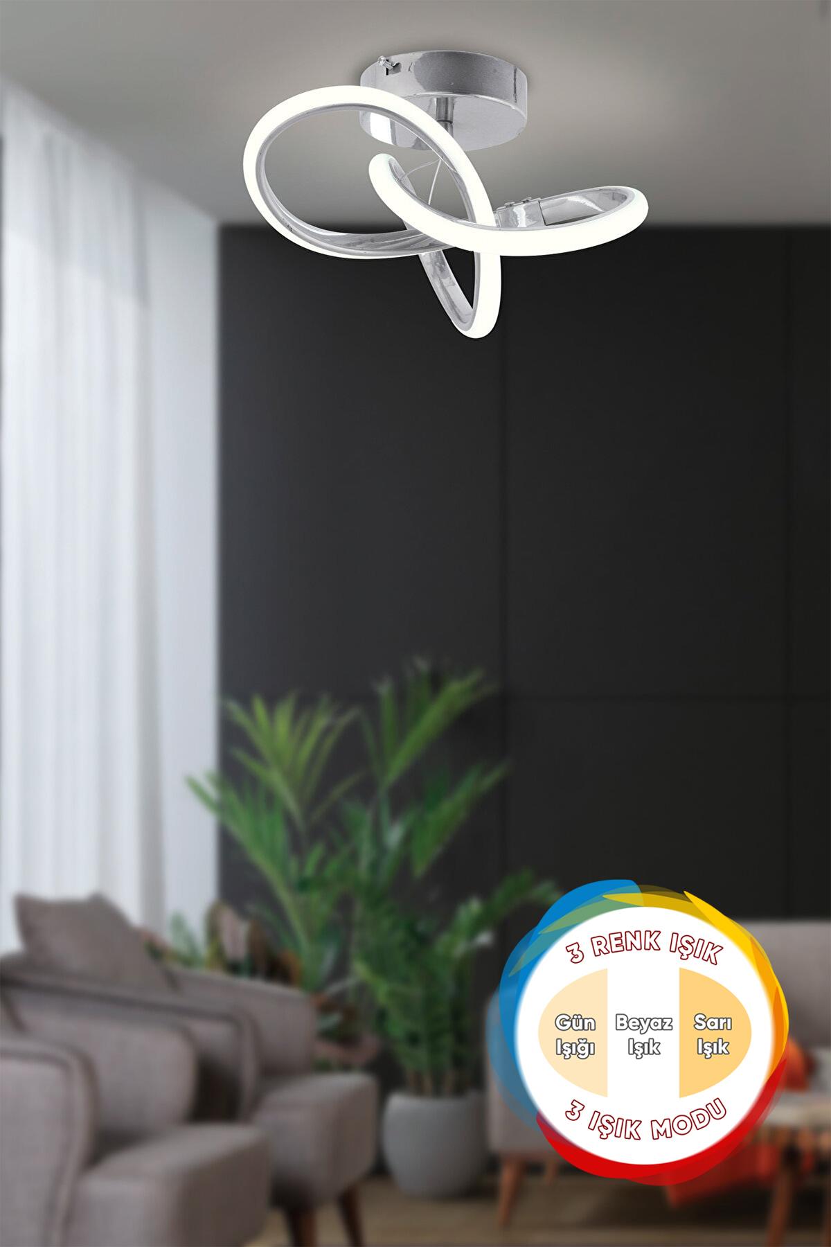 Sofia Modern Plafonyer Krom 3 Renk Işık Modu Tavana Sıfır Salon Mutfak Hol Led Avize