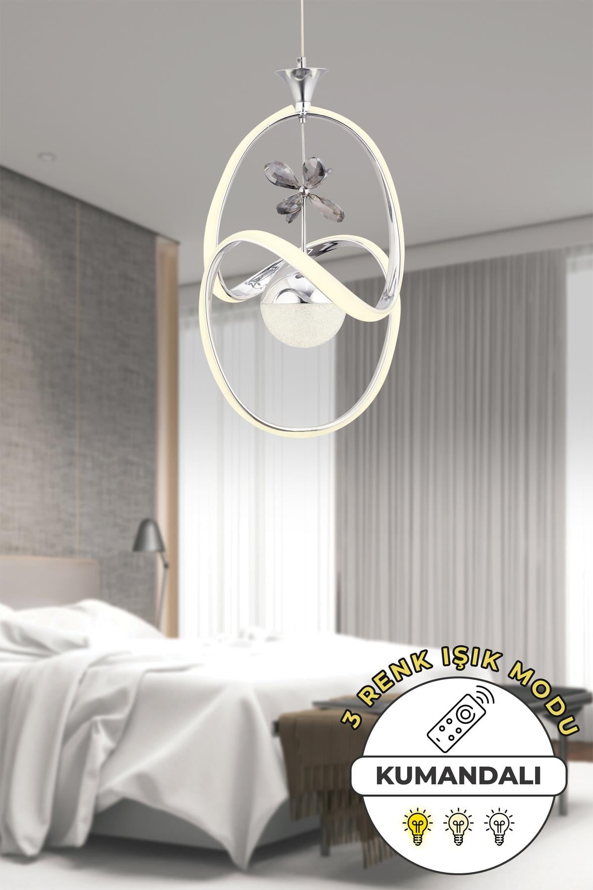 Stella Kumandalı 3 Renk Işık Özellikli Modern Krom Kaplama Sarkıt Led Avize Salon Avize