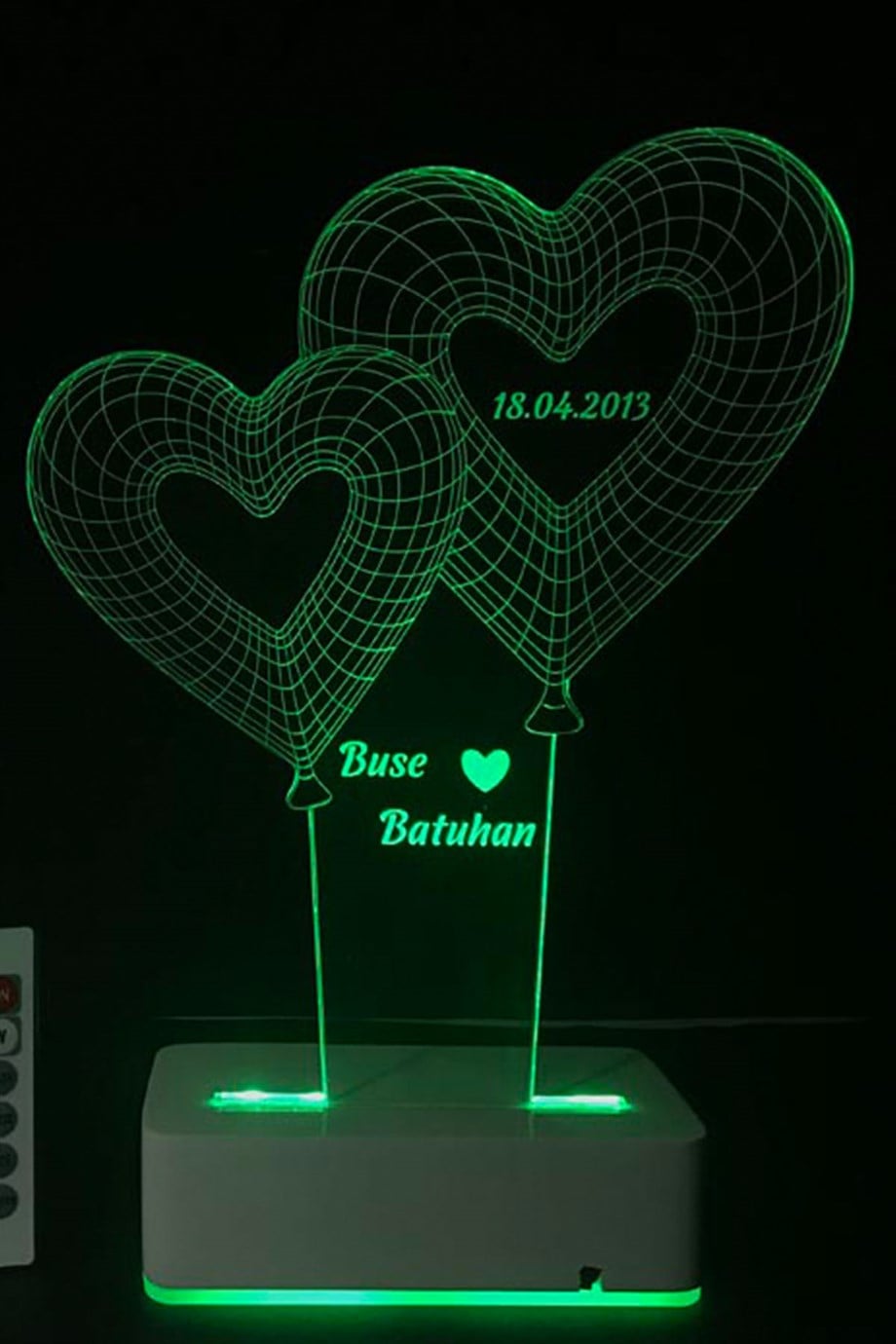 Kişiye Özel 3D 2 Kalpli Balon 16 Renk Dekoratif Led Lamba
