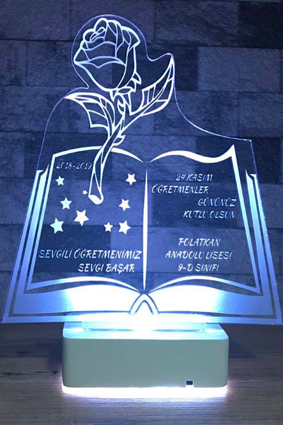 Kişiye Özel 3D Öğretmenler Günü Gül ve Kitap 16 Renk Dekoratif Led Lamba