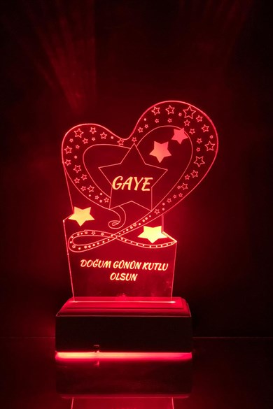 Kişiye Özel Doğum Günü Hediyesi Kalp Ve Yıldızlar 3D Dekoratif Led Lamba